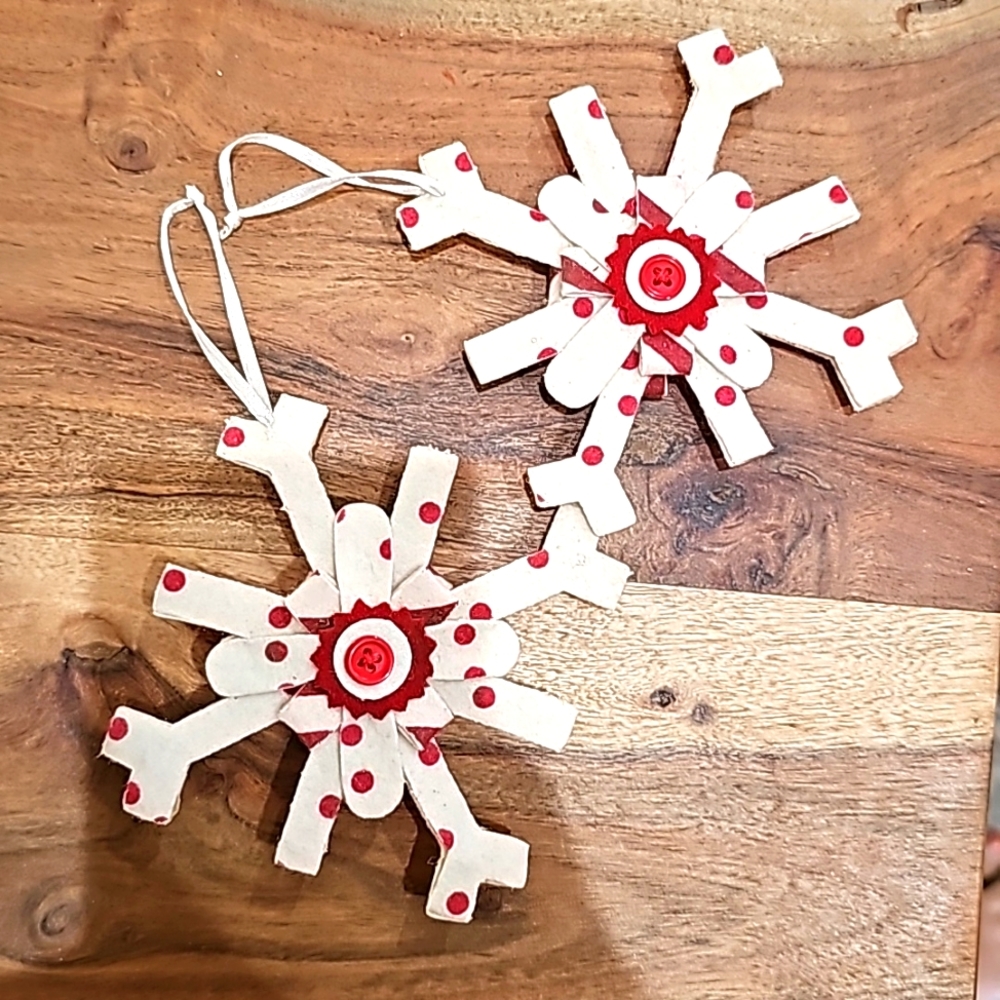 2 vintage red ivory snowflake felt ornaments